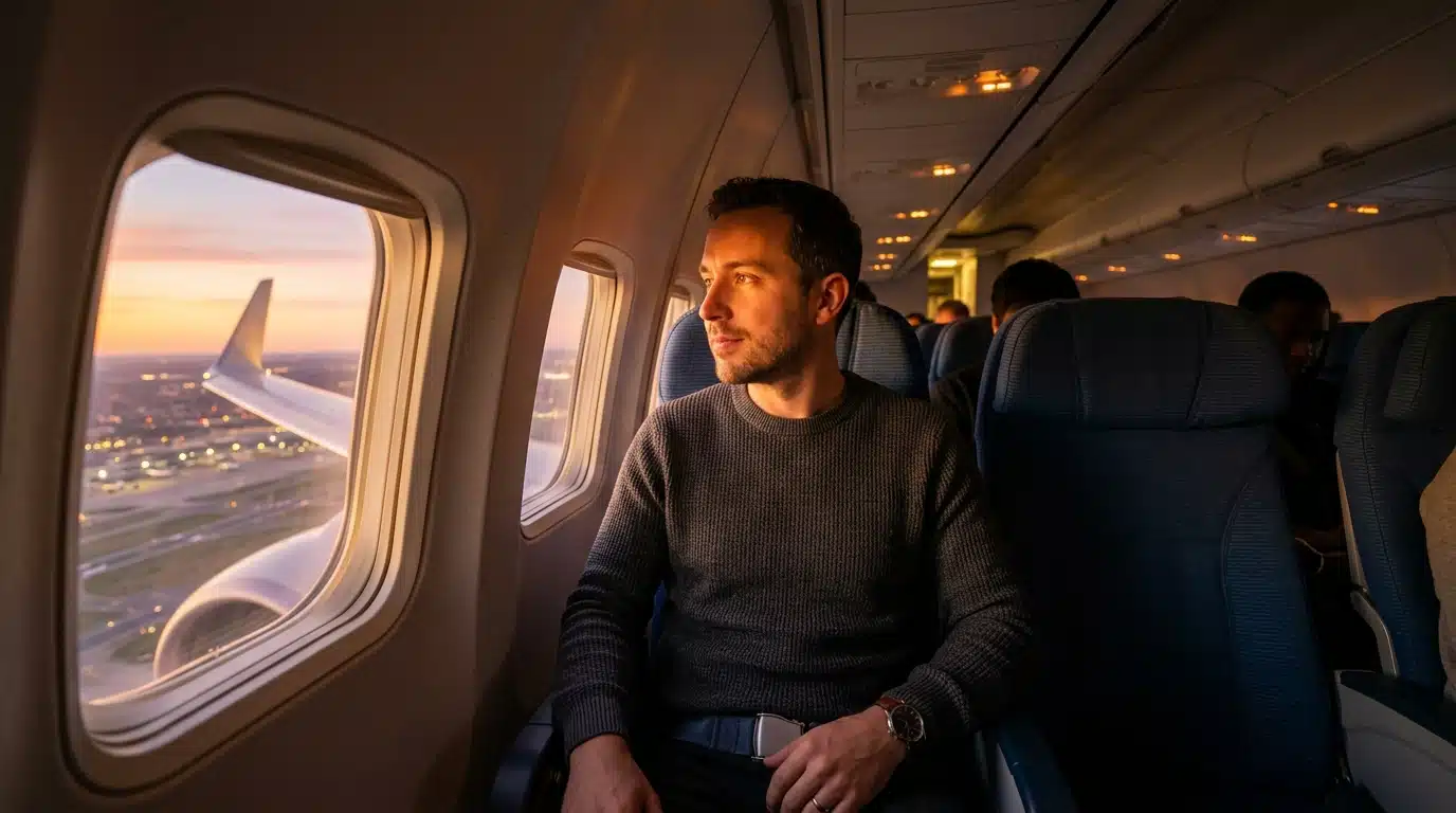 Passager regardant par le hublot dans une cabine tamisée