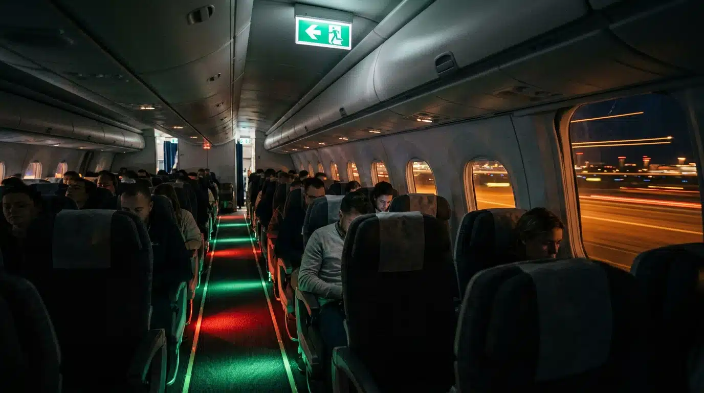 Allée d'avion avec balisage lumineux au sol et issue de secours
