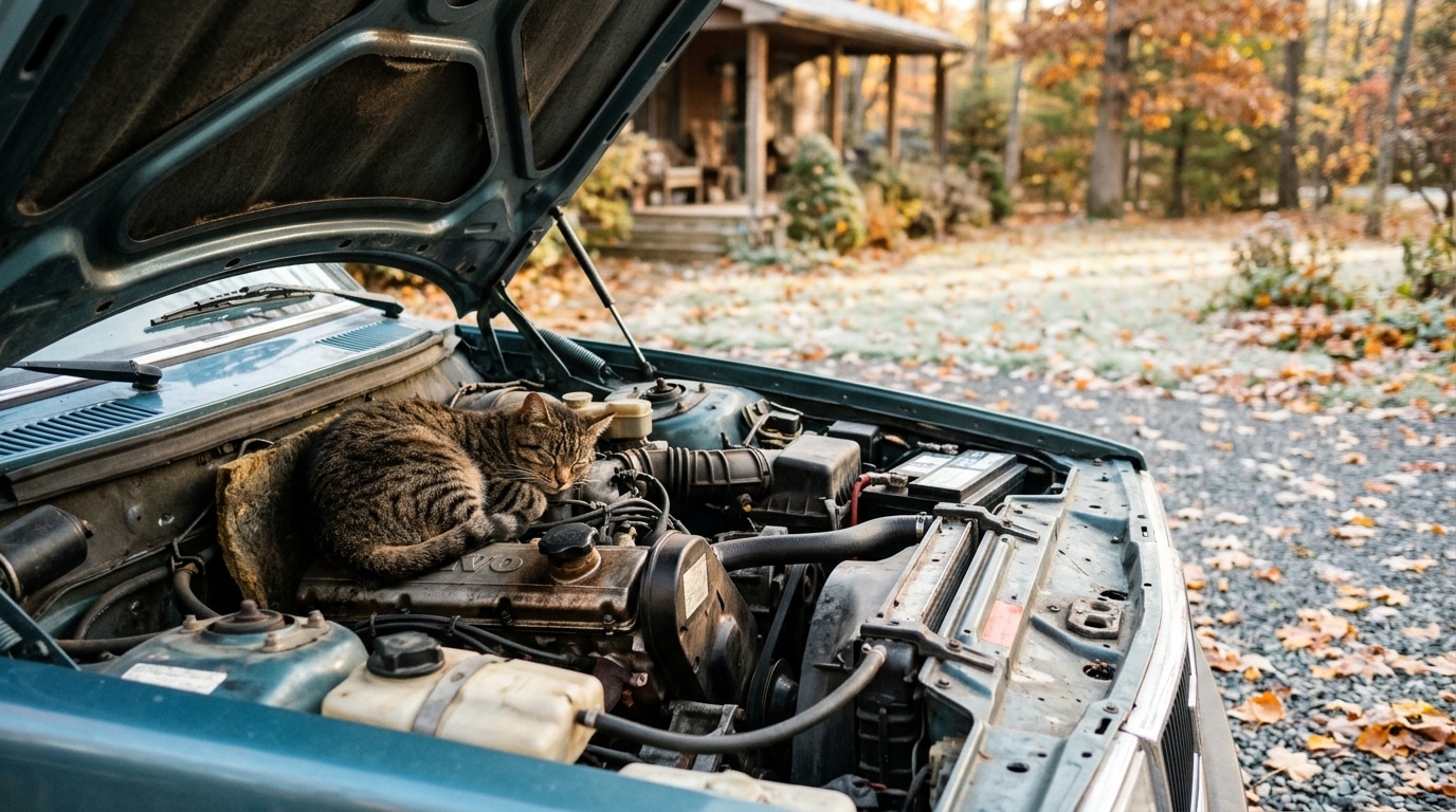 Chat tigré blotti contre un moteur sous un capot ouvert