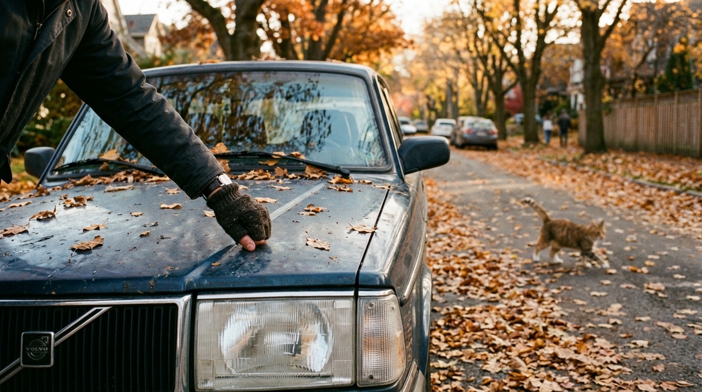 Main qui frappe sur le capot d'une voiture un matin d'automne