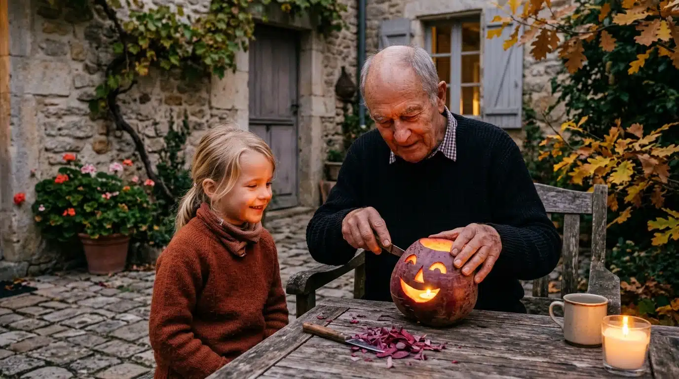 Grand-père creusant une betterave en lanterne avec un enfant