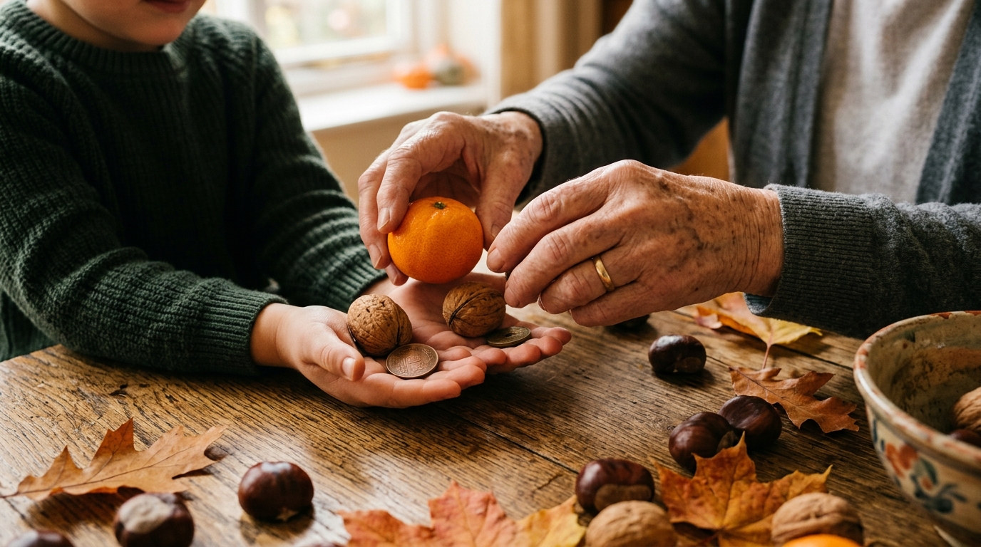 Mains de grand-mère offrant mandarine, noix et pièce à un enfant
