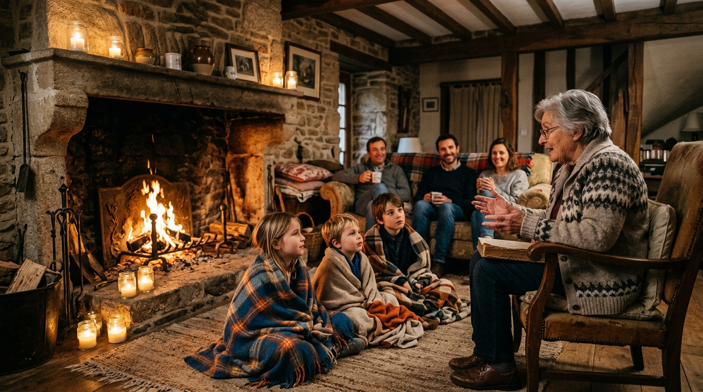 Veillée en famille autour de la cheminée à la lueur des bougies