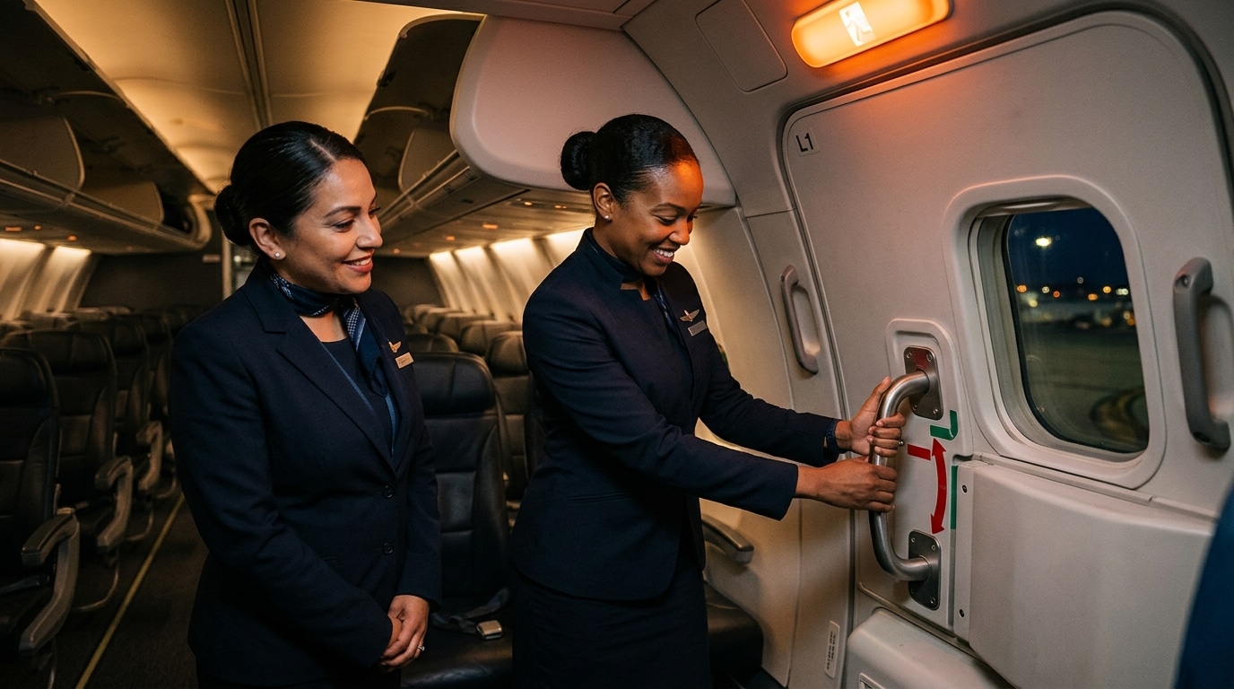 Hôtesse vérifiant la porte de l'avion avec une collègue