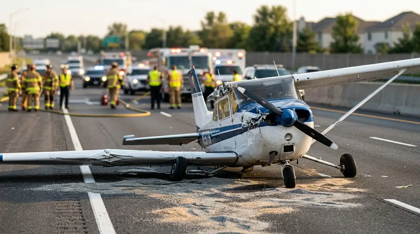 Petit avion au nez écrasé sur une voie rapide