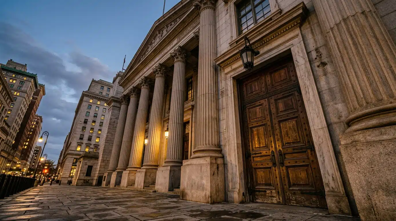 Façade à colonnes d'un tribunal new-yorkais au crépuscule