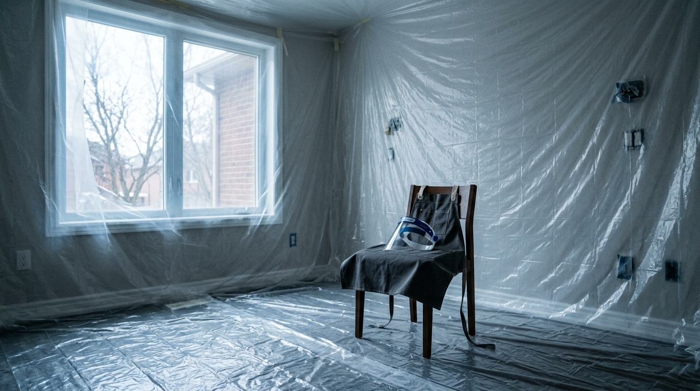 Chambre vide recouverte de bâches en plastique transparentes