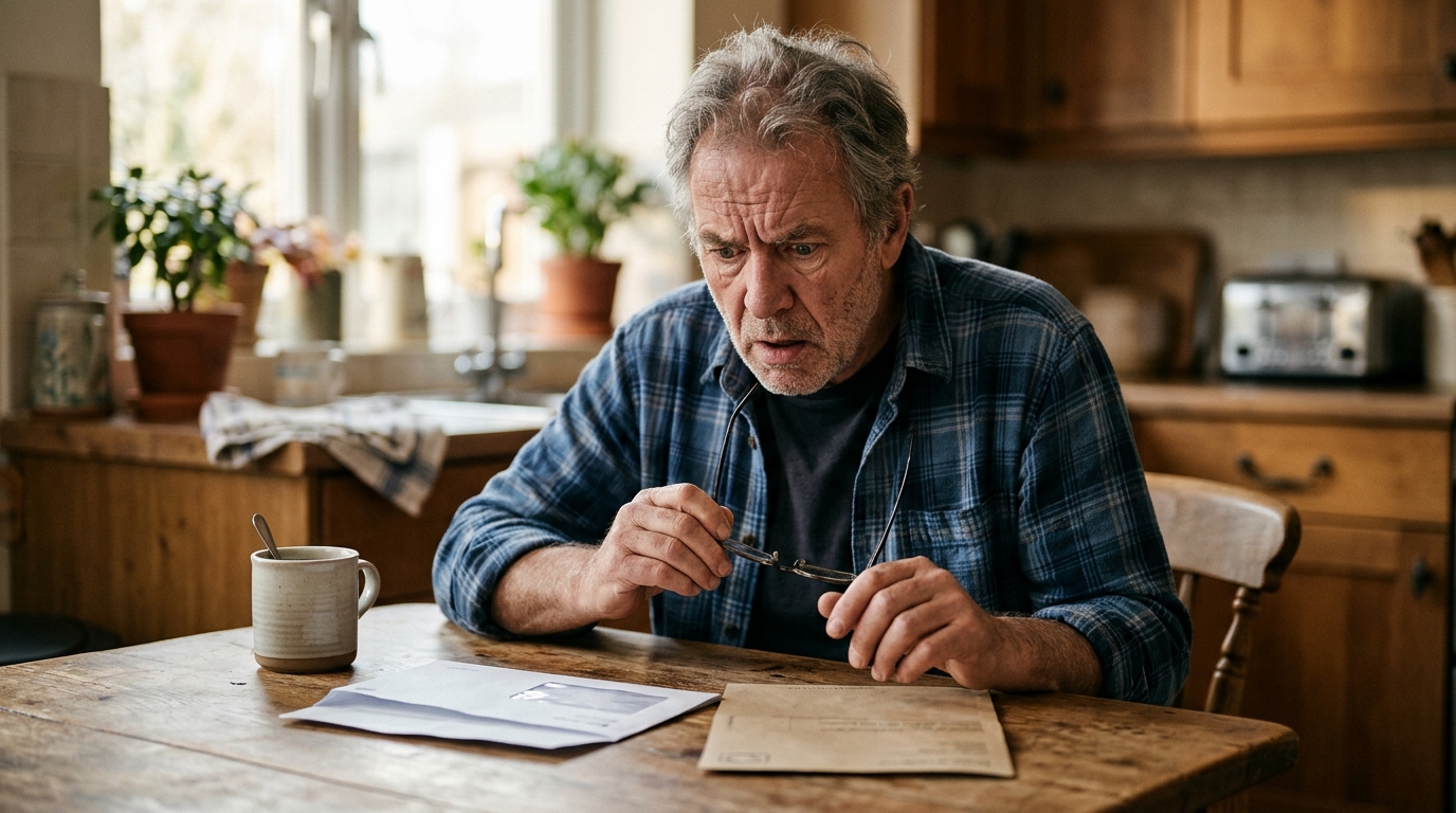 Retraité perplexe devant un courrier sur une table de cuisine