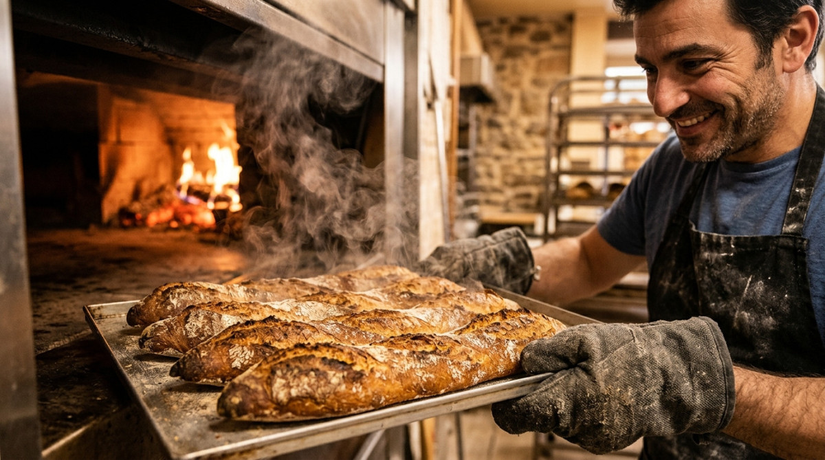 Baguette dorée et fumante sortie du four