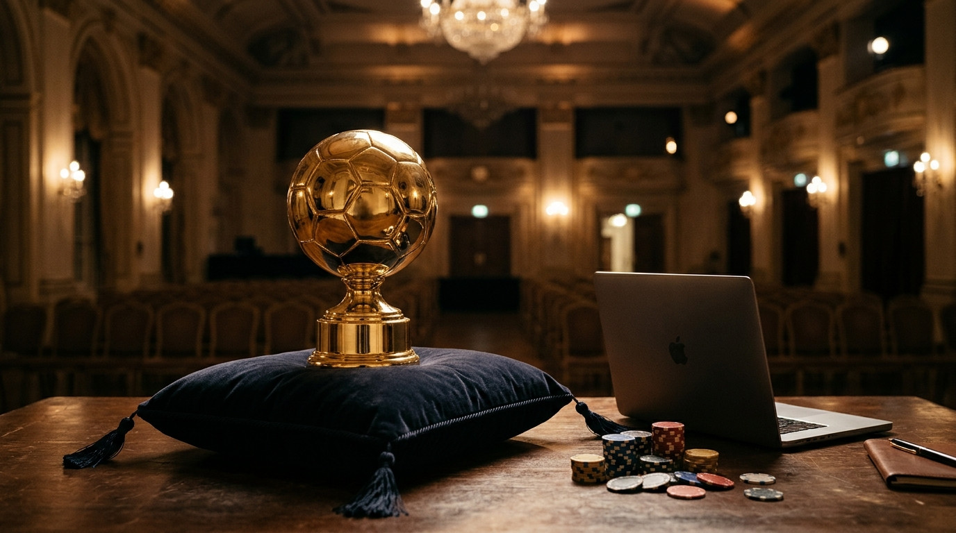 Trophée doré sur coussin près d'un ordinateur et de jetons