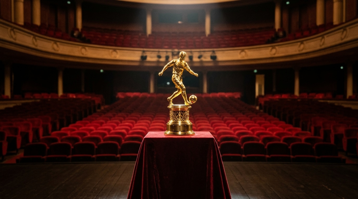 Trophée doré sur un podium dans un théâtre
