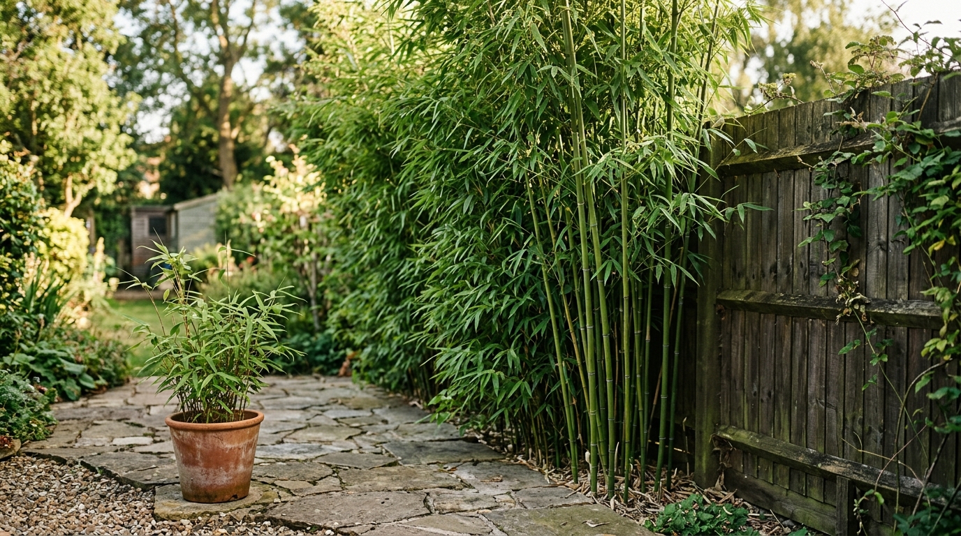 Touffe dense de bambous le long d'une clôture en bois