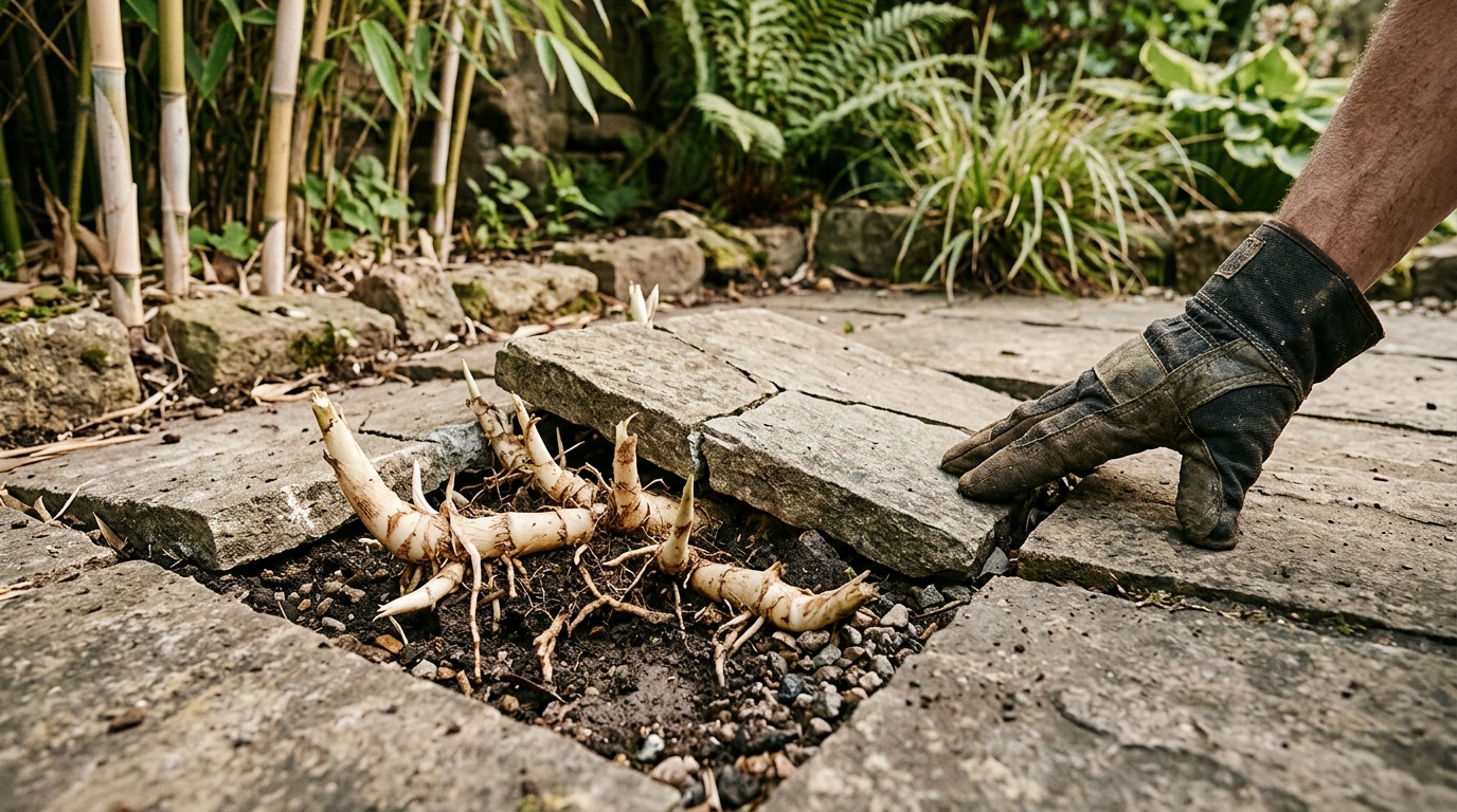 Dalles de terrasse soulevées par des rhizomes de bambou