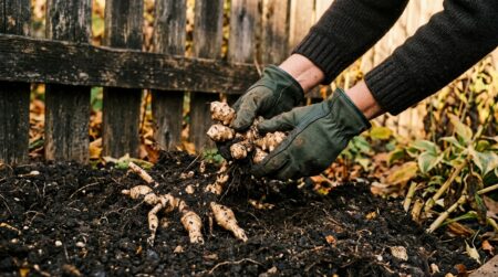 Mains de jardinier arrachant des rhizomes le long d'une clôture