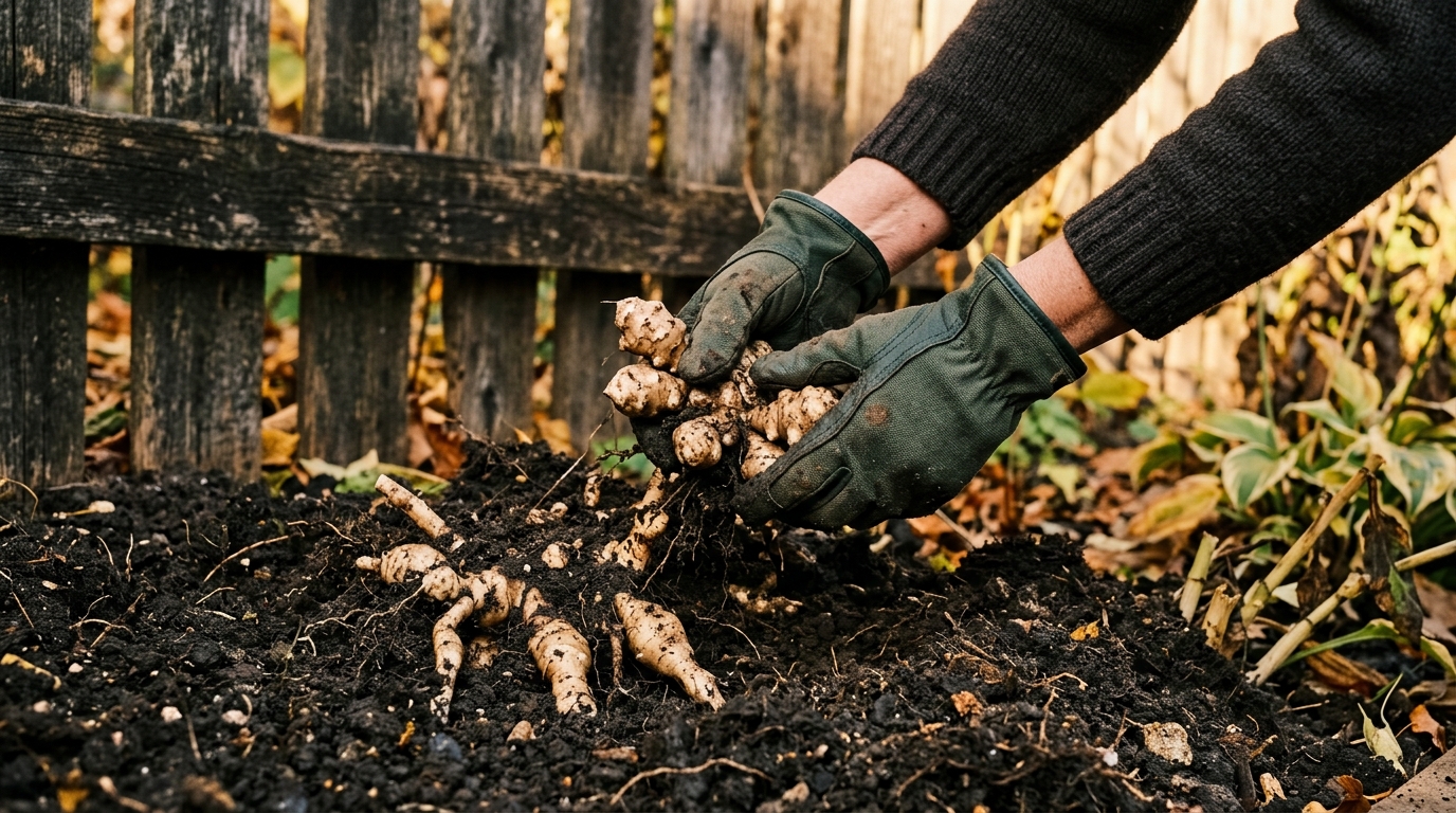 Mains de jardinier arrachant des rhizomes le long d'une clôture