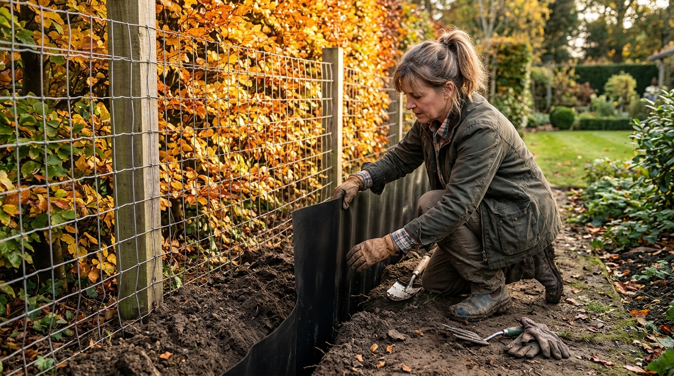 Pose d'une barrière anti-rhizome dans une tranchée en limite de jardin