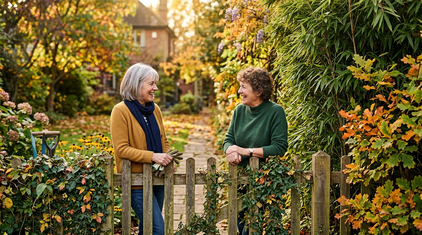 Deux voisins discutent par-dessus la clôture en automne