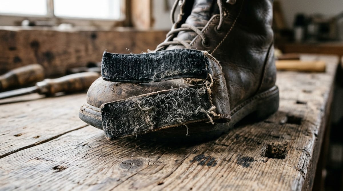 Bande Velcro usée sur une vieille chaussure en cuir