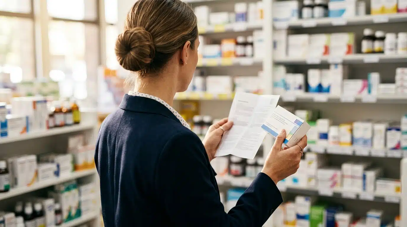 Mains de pharmacien tenant une boîte et une notice
