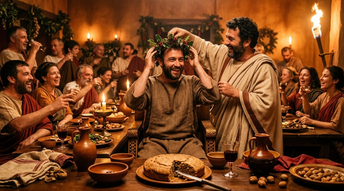 Banquet romain des Saturnales avec un esclave couronné roi