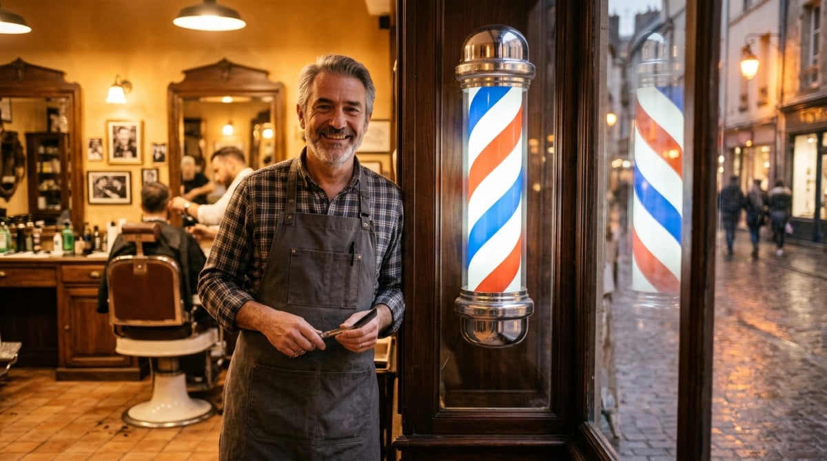 Barbier souriant près de son enseigne tricolore tournante