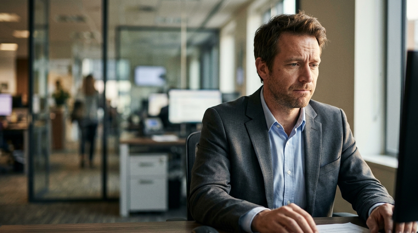 Employé de banque au visage inquiet dans un bureau moderne