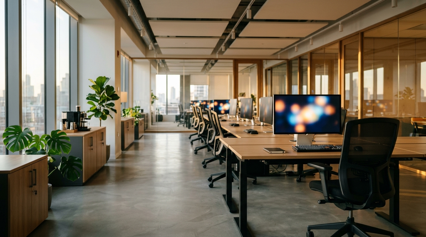 Rangée de bureaux vides dans un open space bancaire