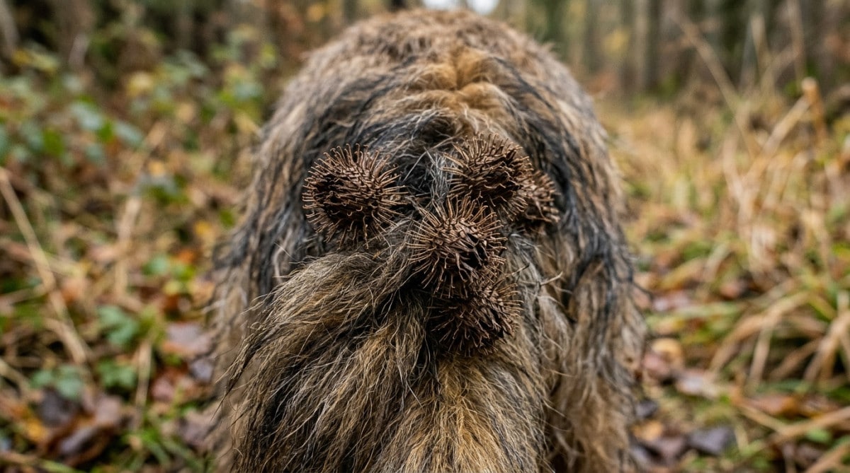 Bardanes accrochées dans le pelage d'un chien en gros plan