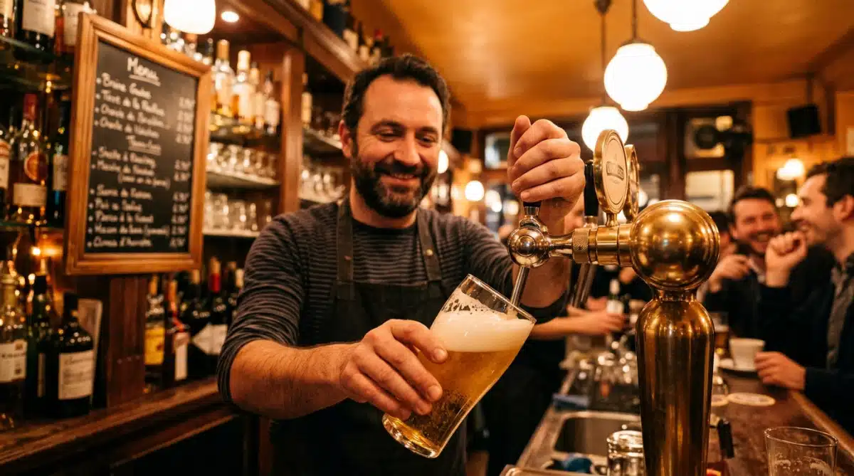 Barman tirant une pinte de bière à la pression