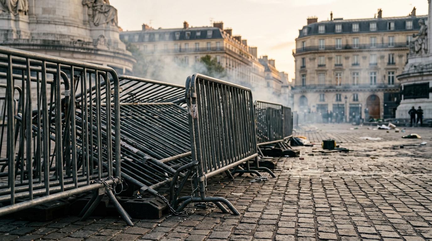 Barrières métalliques empilées en barricade sur une place