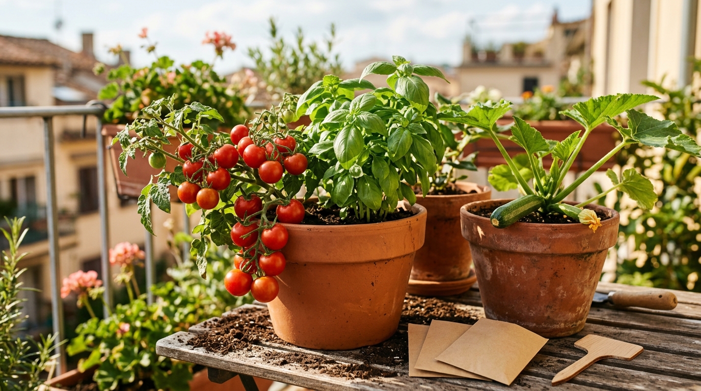 Tomates cerises, basilic et courgette en pots au soleil