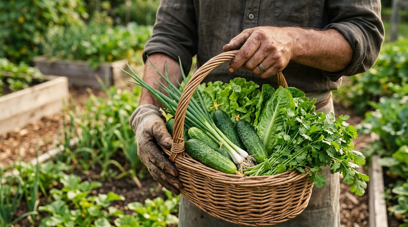 Mains tenant un panier de légumes fraîchement récoltés