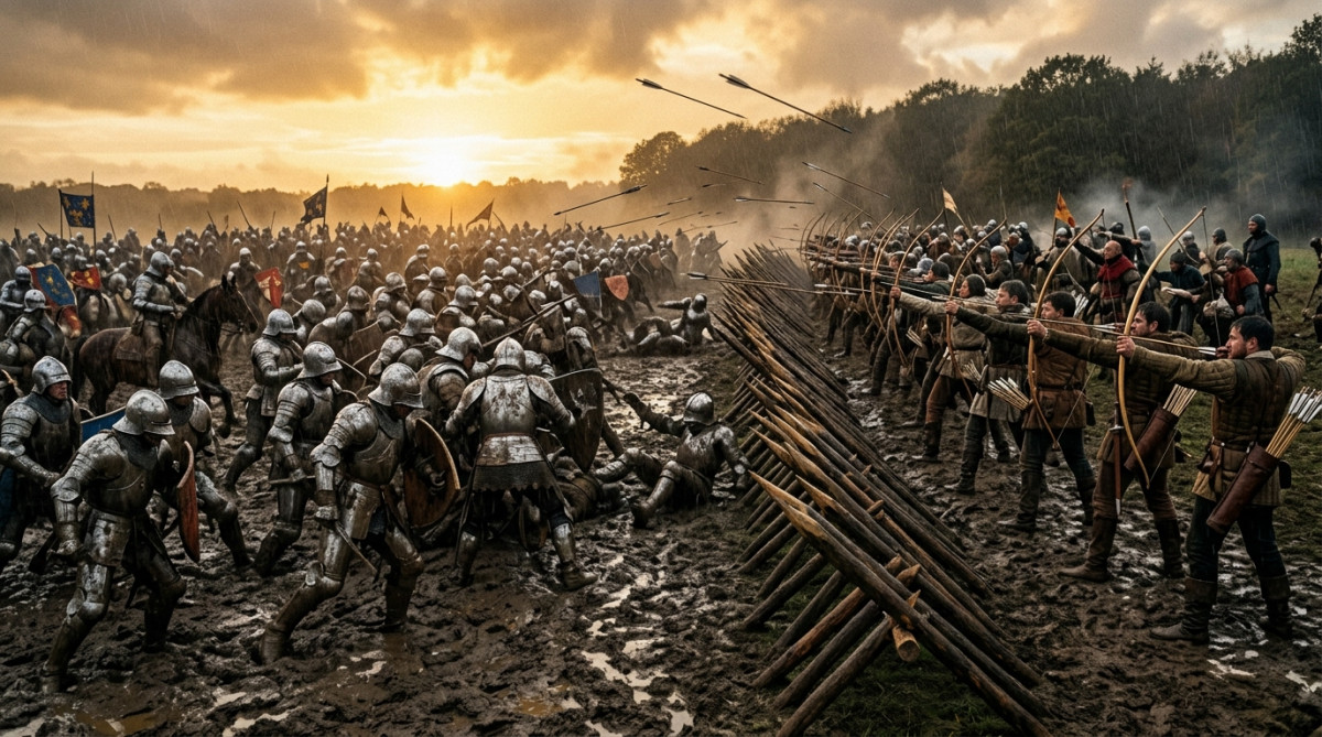 Bataille d'Azincourt : chevaliers français embourbés face aux archers anglais