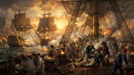 Bataille de Trafalgar en 1805 et fumée de canons