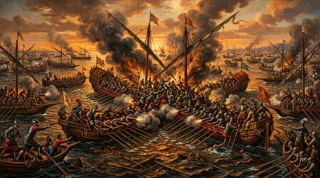 Bataille navale de Lépante en 1571 avec galères au coucher du soleil