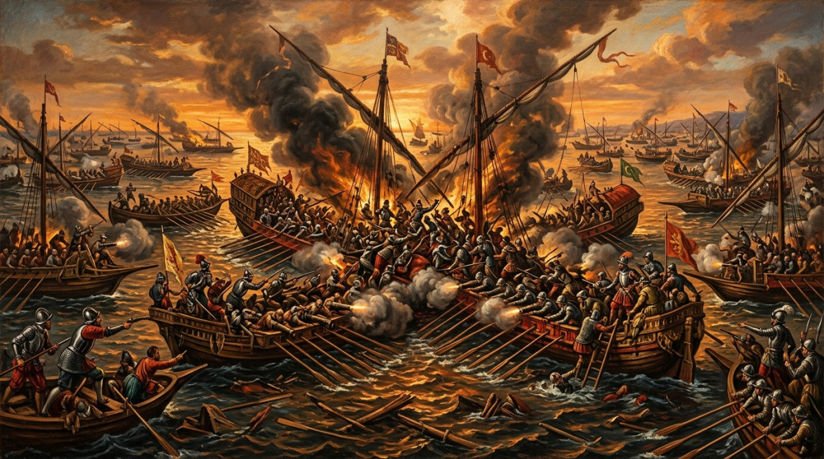 Bataille navale de Lépante en 1571 avec galères au coucher du soleil