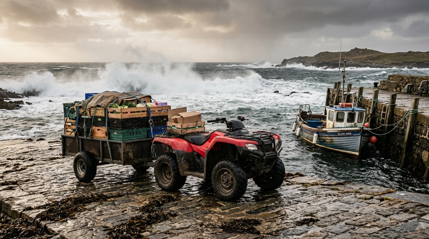 Quad avec remorque de provisions sur une cale de halage