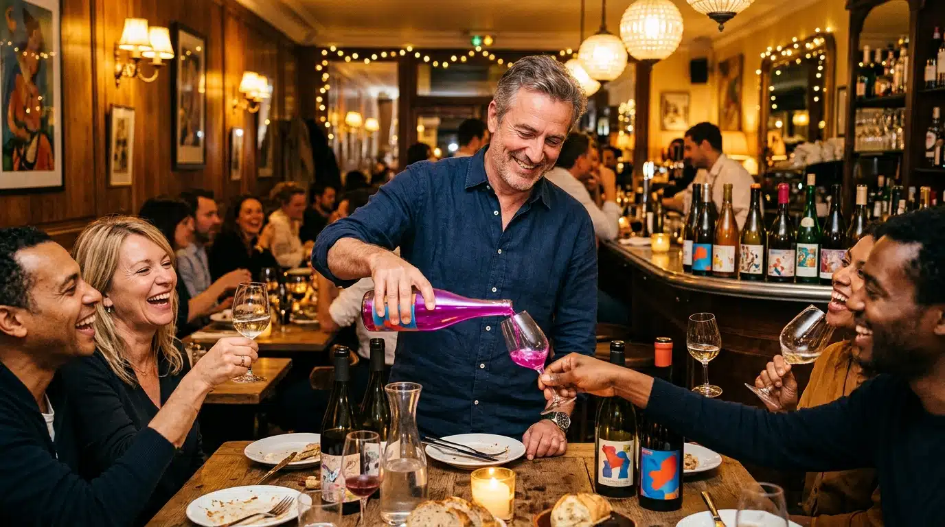 Amis trinquant au vin nouveau dans un bistrot à minuit