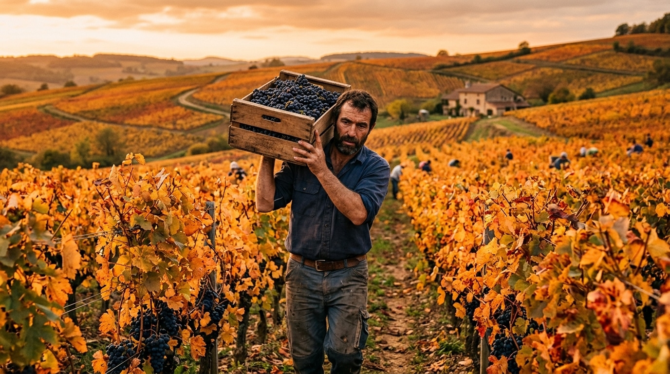 Vigneron récoltant le raisin dans les vignes du Beaujolais