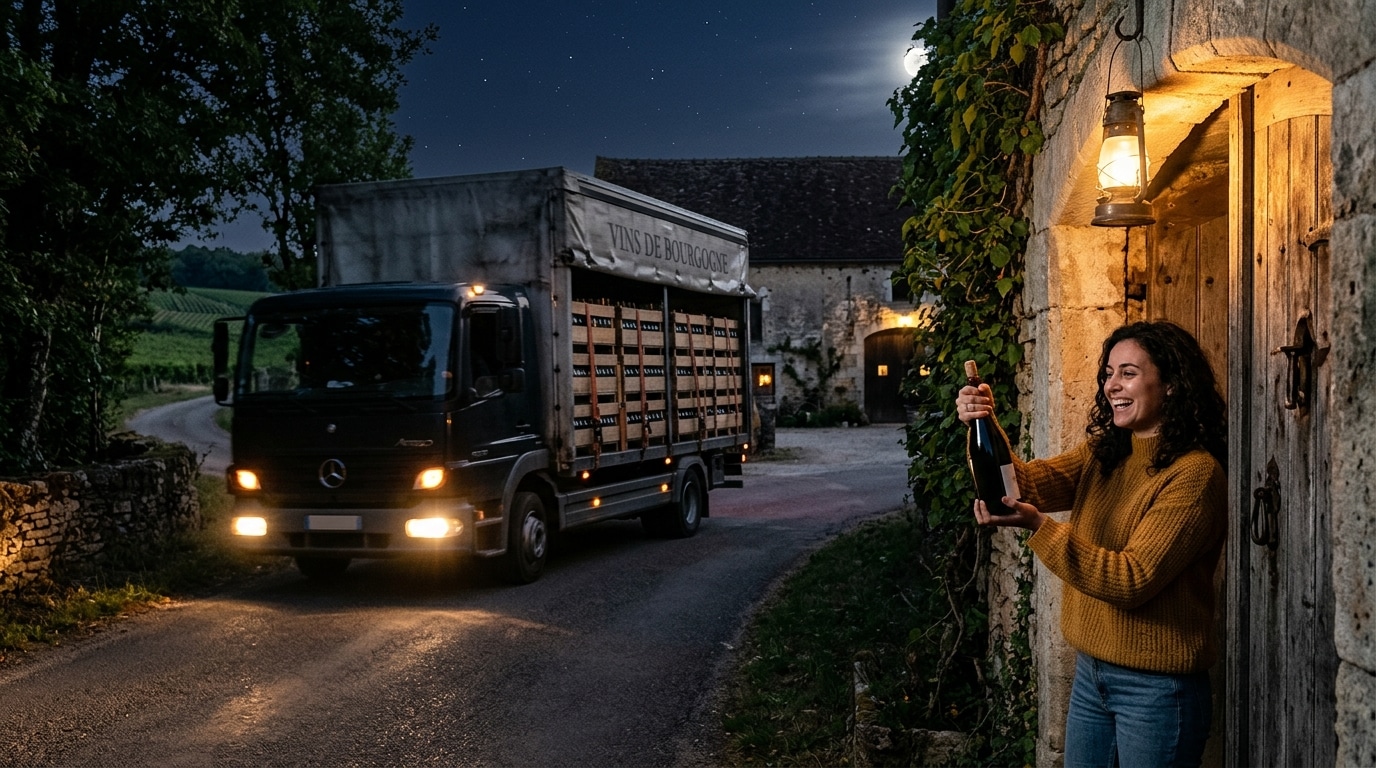 Camion livrant des caisses de bouteilles de vin nouveau de nuit