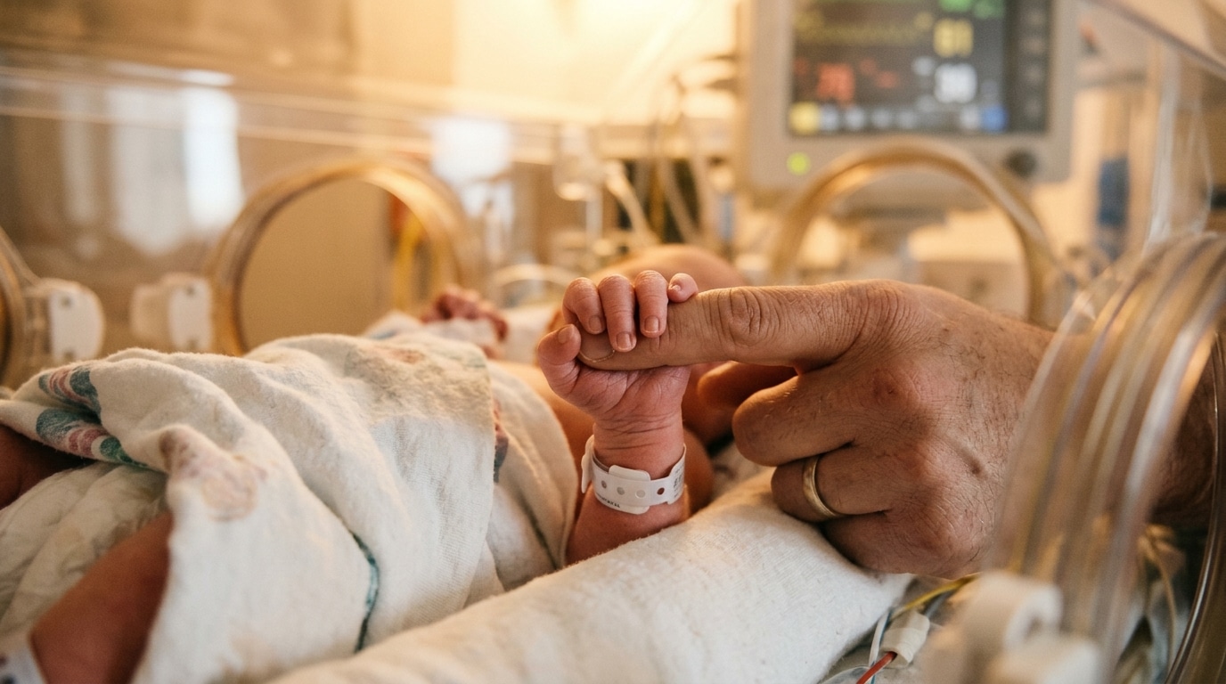 Main de nouveau-né serrant un doigt d'adulte en couveuse