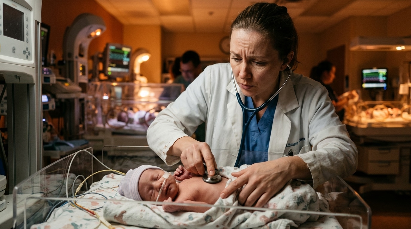 Pédiatre auscultant un nouveau-né à l'hôpital