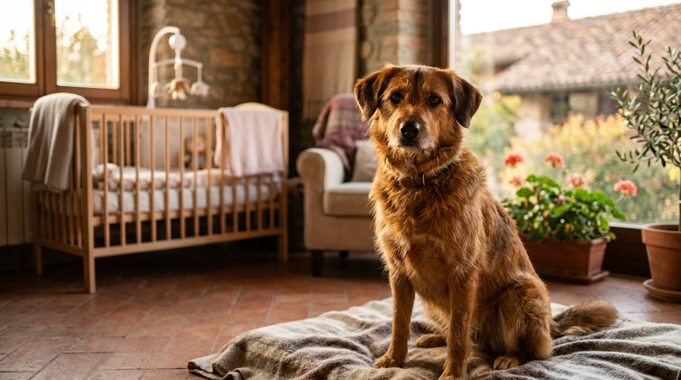 Chienne attentive près d'un berceau de bébé