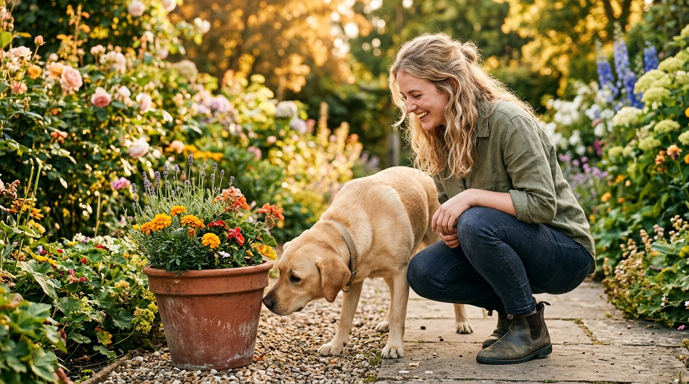 Femme et labrador jouant à chercher une friandise