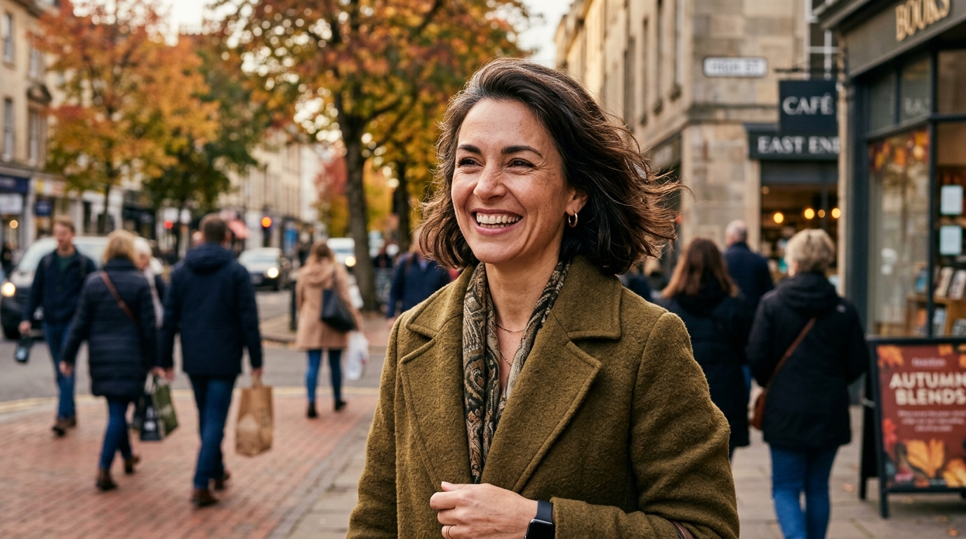 Visage souriant et déterminé dans une rue d'automne