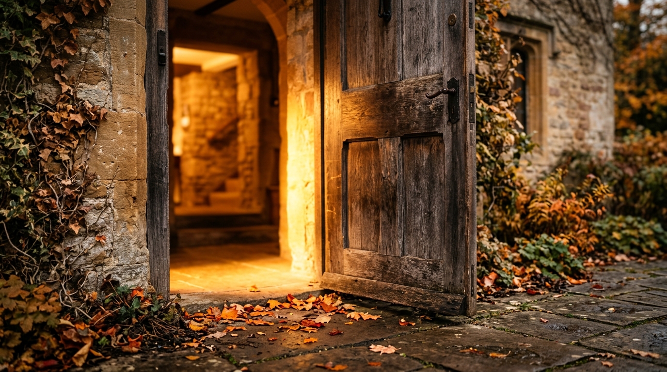 Porte entrouverte baignée de lumière dorée et feuilles d'automne