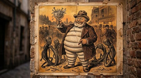 Bibendum de 1898 levant une coupe de clous