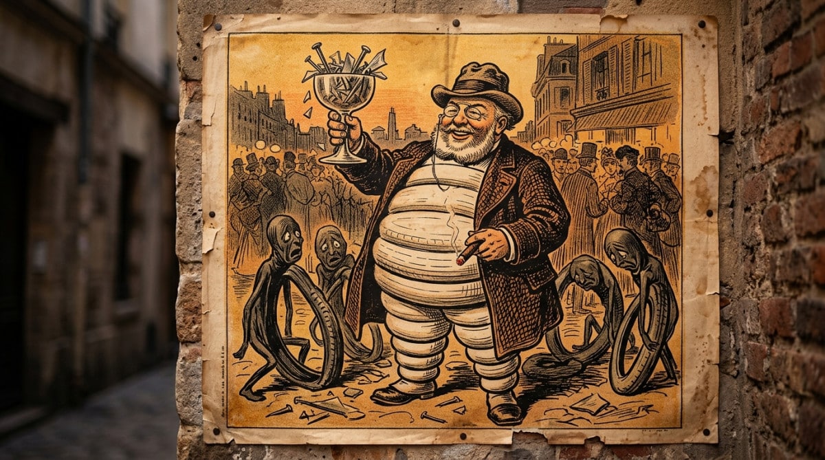 Bibendum de 1898 levant une coupe de clous