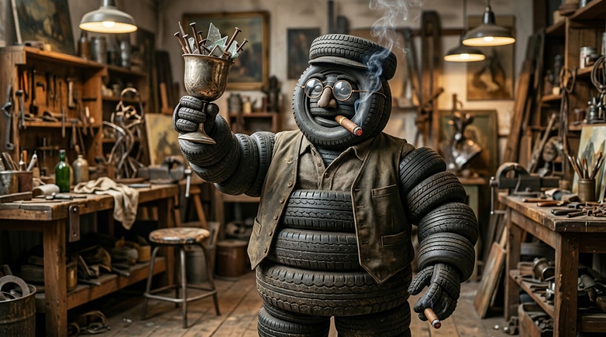 Bibendum levant un verre rempli de clous et de verre brisé