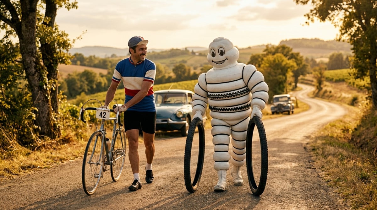 Bibendum sportif faisant rouler un pneu dans les années 1960